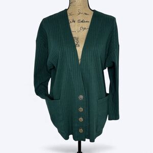Green Ribebd V Neck Cardigan Celtic Gold Buttons Academia No Tags Oversized M?